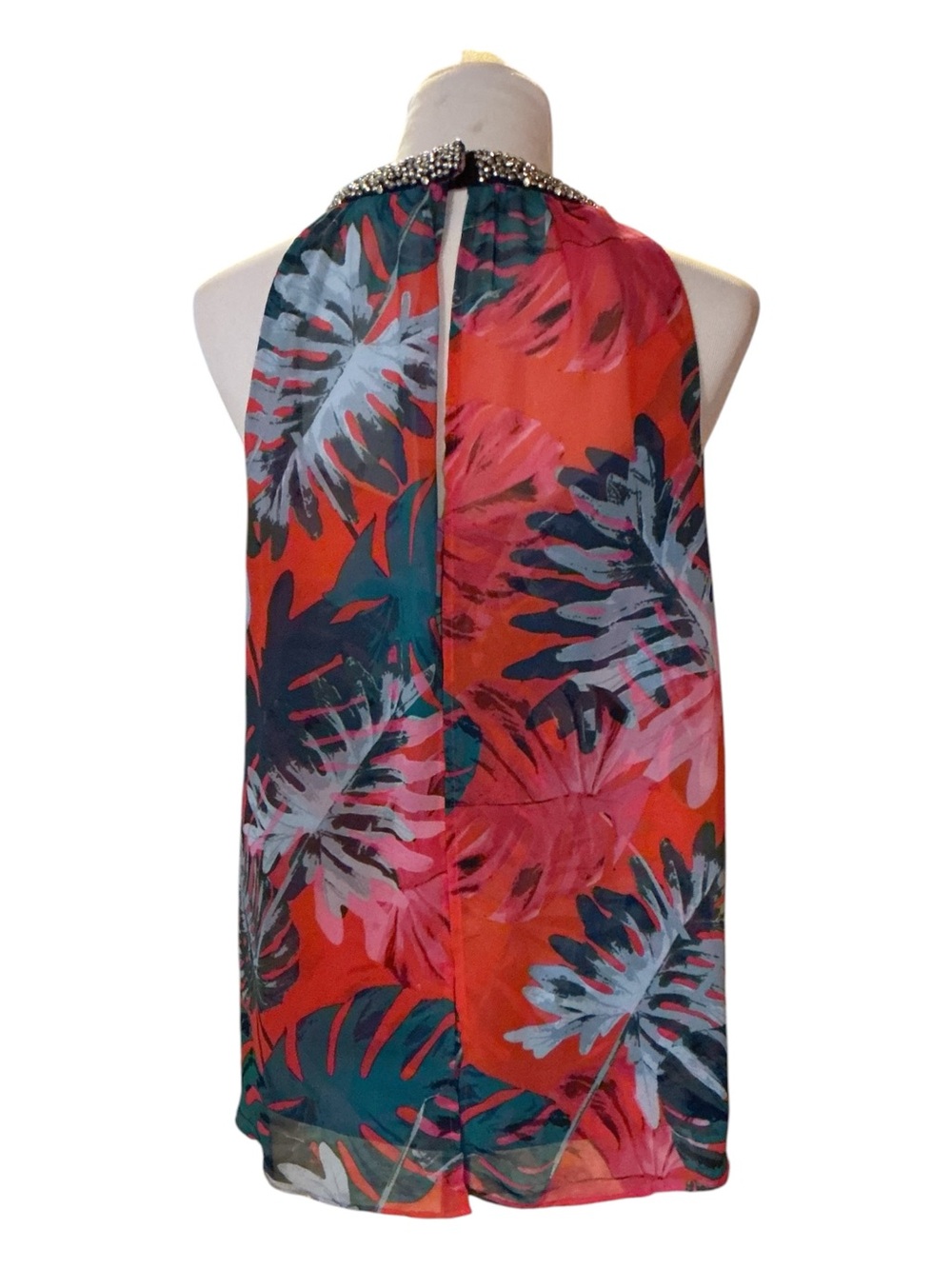 Jennifer Lopez Jewel-Neck Tropical Leaf Halter Camisole - Orange Multi - Picture 2 of 3